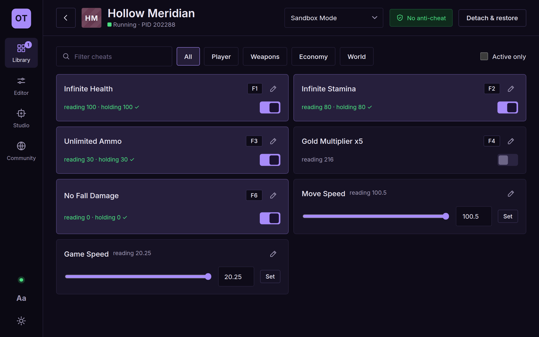 Live cheats: switches, sliders and a live reading on every cheat
